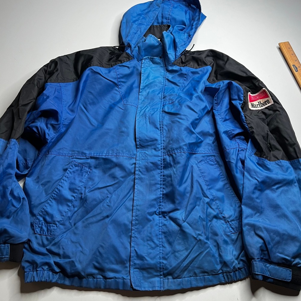 Vintage Marlboro Unlimited Jacket Mens XL Blue Black Colorblock Hooded Nylon 90s